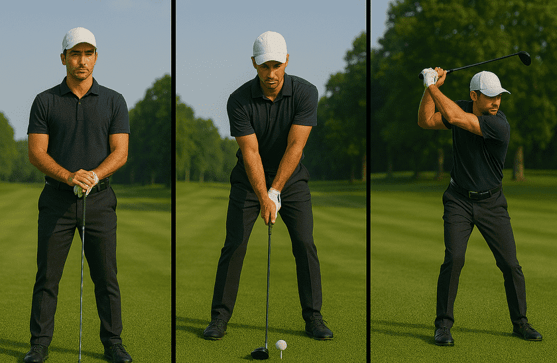Golfer checks swing on tablet, clubs nearby, highlighting solo play's technical focus
