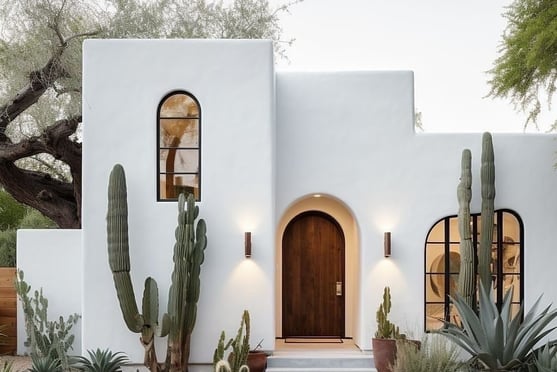 White house with cactus garden at the front