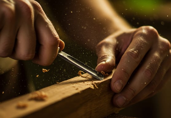 Manos tallando madera a mano con formón, detalle de virutas en el aire, representando el proceso art