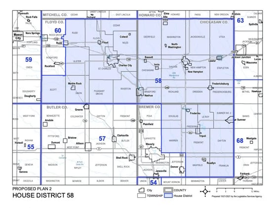 Map of Iowa House District 58 includes Chickasaw , Floyd, Butler, and Bremer counties