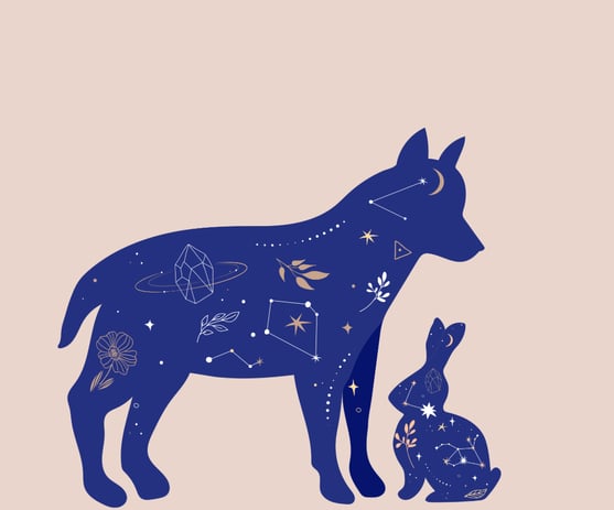 Dessin d’un chien et d’un lapin en interaction, symbolisant la communication animale