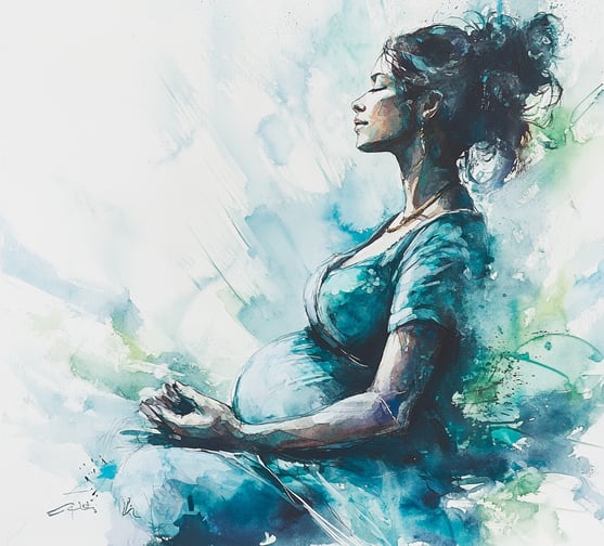 Watercolour illustration of a pregnant woman meditating peacefully, symbolising calm and mindful bir