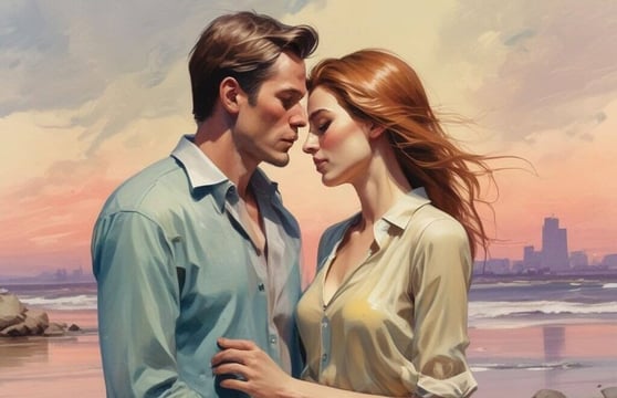 A romantic painting depicting a couple kissing on the beach, capturing the essence of love and connection by the ocean.