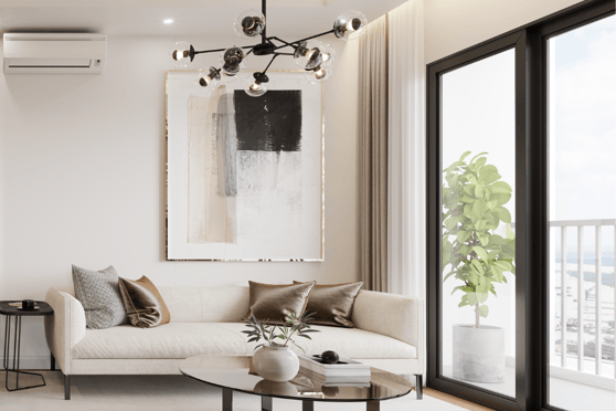 un salon avec un canapé blanc et une table basse en bois. Espace lumineux