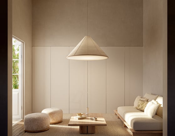 diseño interior japonés. muebles minimalistas, lampara conica colgante. puffs con patrones.