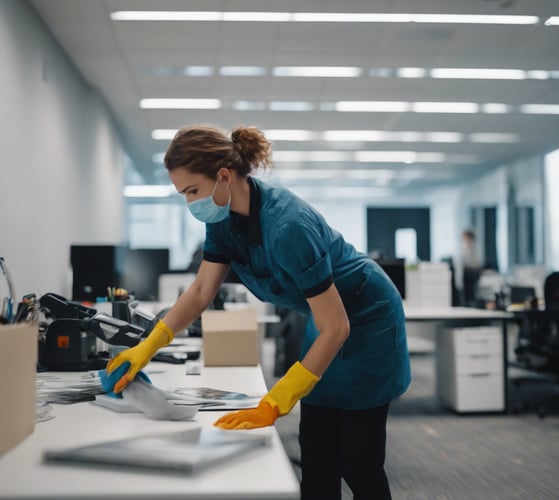 a woman in a blue shirt and yellow gloves cleaning a desk