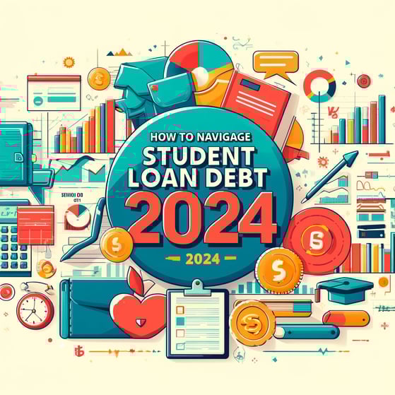 How to Navigate and Manage Student Loan Debt in 2024" title with books, charts, and financial docume