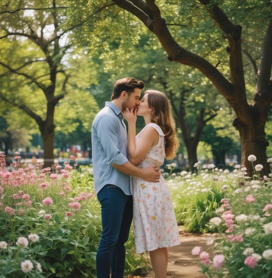 a man and a woman kissing in a garden