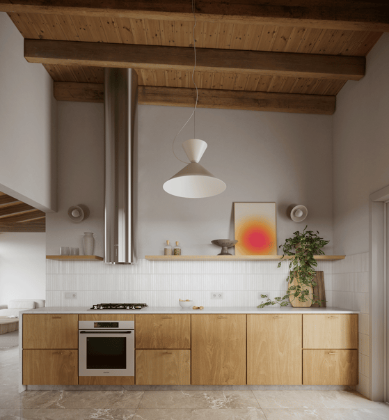 Diseño Interior de cocina moderno. Madera, ceramica blanca y cuadro de colores amarillo y rosa