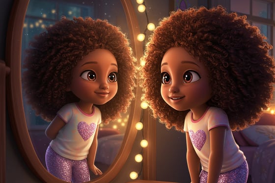 Little Nia smiling at herself in the mirror