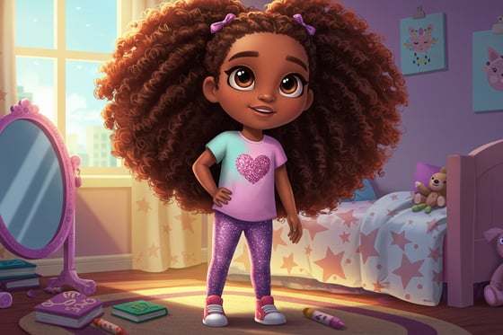 Little Nia smiling in her bedroom