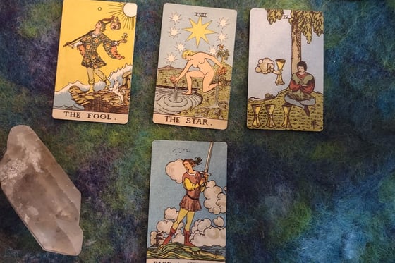 Tarot Cards Fool, Star, 4 of Cups, Page Swords
