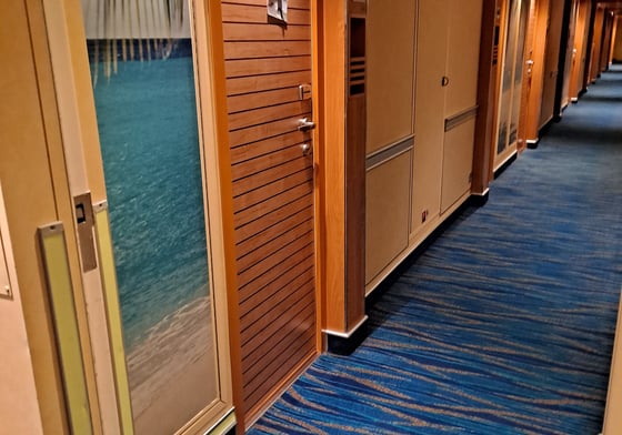 Cruise hallway with cabin doors shown