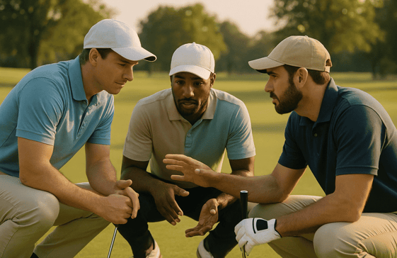 Golfers huddle on fairway, plan scramble shot, illustrating group golf's teamwork.