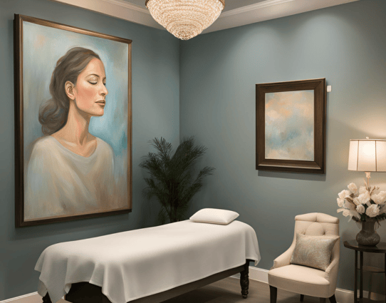 a painting of a woman's face in a room