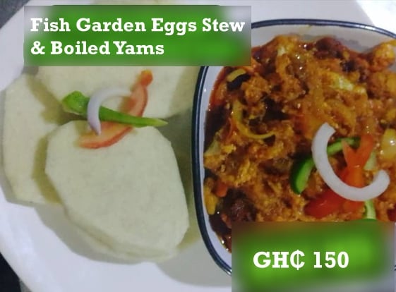 fish garden egg stew and boiled yams at de place restaurant gh