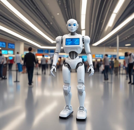 A small, round robot with a smooth white surface and blue accents operates a blue laptop on a sleek, floating platform. The robot has glowing eyes and an antenna on its head, with an 'AI' emblem on its front.