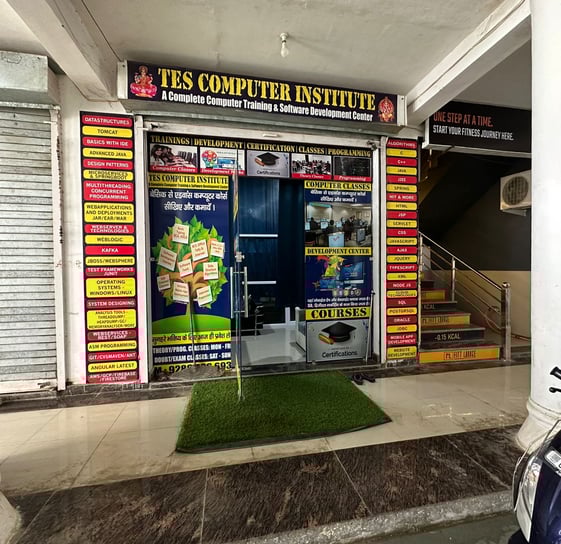 a computer storefront door with a computer on the front