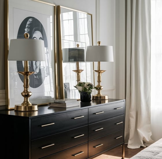 a dresser with a lamp and a lamp