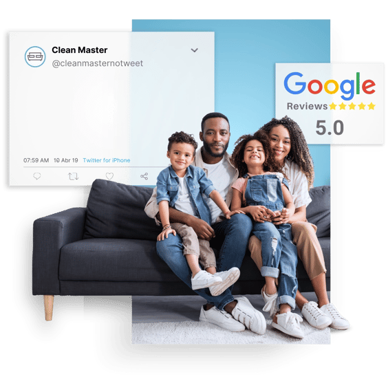 Família sentada em sofá limpo com arte gráfica ao lado e selo de avaliação 5 estrelas do Google.