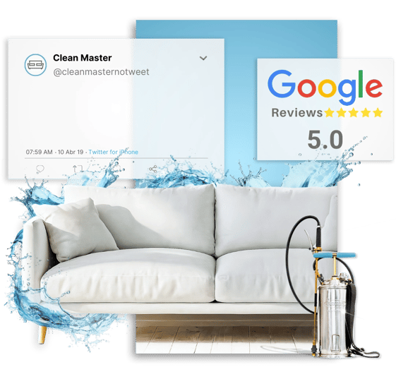 sofá impermeabilizado cercado de água ao lado de equipamento profissional e selo de 5 estrelas do google