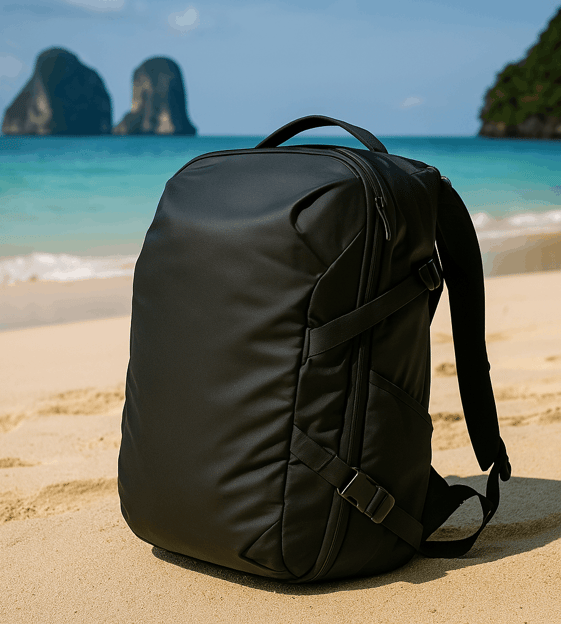 Peak Design Backpack sitting on the golden sands of a Thai Beach with the ocean in the background