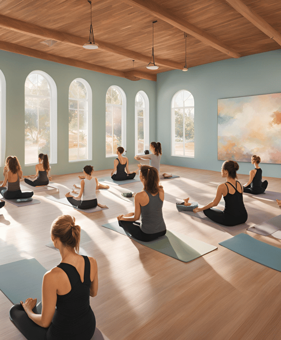 a group of people doing yoga exercises in a large room