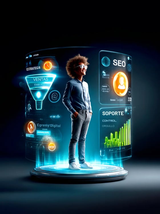 Profesional posando sobre plataforma holográfica con paneles de estrategia, funnel de ventas, SEO y soporte, logo Egremy Digi