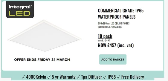 Product card of weekly offer led ceiling panels week 13 2023, pricing at 457GBP 10pack IP65 panels