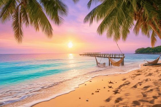 Ai generated image of a beach at sunset with palmtrees, a dock and hammock.