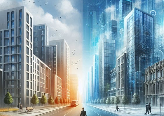 avenida de un lado edificios tradicionales, del otro edificios rodeados de datos digitales