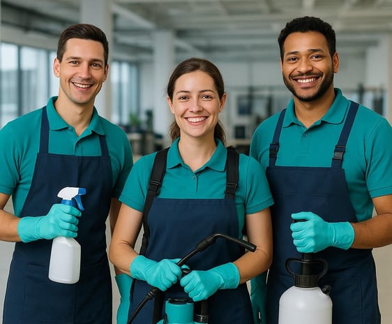 crew smiling, holding sanitizing equipment in branded uniforms.