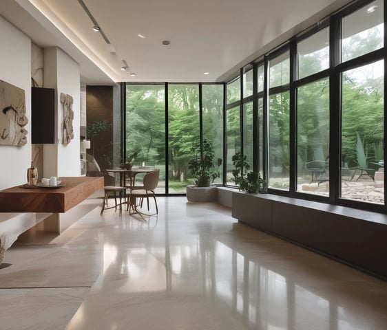 A modern architectural interior with large, curved glass panels and smooth, flowing walls. The design showcases a blend of metal, glass, and stone elements with natural light filtering through expansive windows. The space appears open and airy, with a focus on geometric and organic forms.