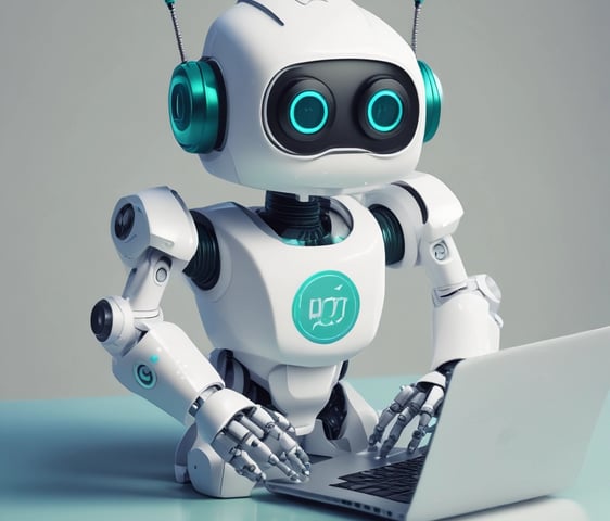 A small, white humanoid robot with  accents, including eyes, mouth, and a circular badge with the letters 'AI' on its chest, is positioned in front of a blue laptop on a metallic surface. The robot has a simple, smooth design with two cylindrical arms and a small antenna on top.