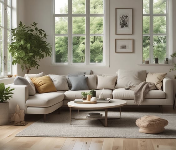 A minimalist arrangement of eco-friendly cleaning products including various bottles, containers, and packaging. The items are neatly placed on a soft beige fabric backdrop, emphasizing a sustainable and natural aesthetic.