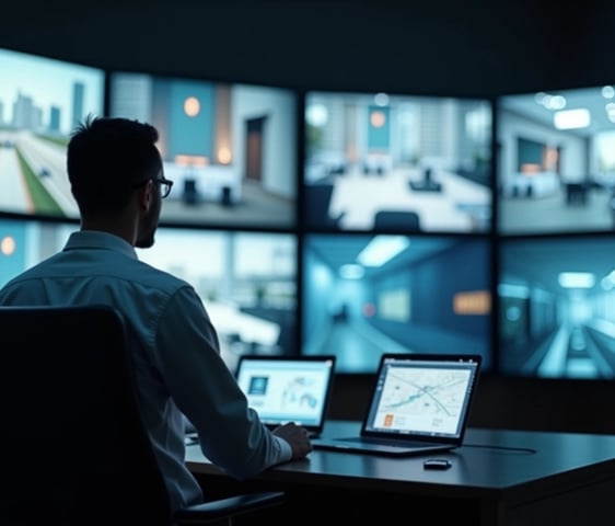 a man sitting at a desk with multiple monitors and laptops