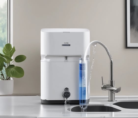 A laboratory setup featuring a water purification system mounted on a tiled wall above a stainless steel double sink. The setup includes two square white units labeled with blue text, and interconnected pipes and blue water filters beneath. A touch screen control panel is installed on the left side with a digital display.