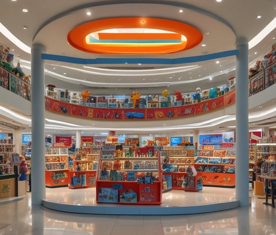 A brightly lit luxury store interior, featuring sleek, curving architecture and glossy surfaces. The walls have a reflective quality with patterned designs, and there are prominent brand logos displayed on the exterior. The color palette consists of warm gold tones complemented by neutral grays and blacks.