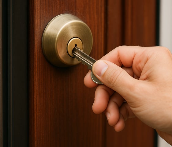 Hand inserting a key into a brass deadbolt lock in a wooden door for home security.