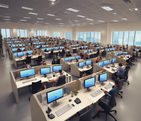A modern office space with rows of desks, each equipped with computer monitors and office chairs. There are Indian flags hanging from the ceiling. The desks have various items on them, including sticky notes, water bottles, and some personal items. Plants are hanging from the ceiling, adding a touch of greenery. The word 'swipe' is displayed on the wall.