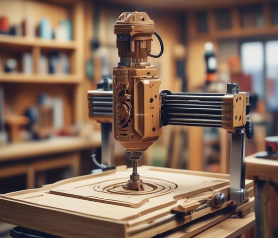 A woodworking machine is partially visible, with a large wooden beam being processed. The machine's metal components are visible, with sawdust scattered around. The setting appears to be a workshop with other wooden pieces in the background.