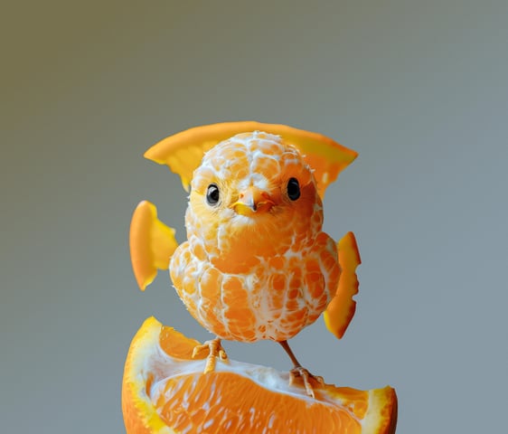a bird sitting on top of an orange peely