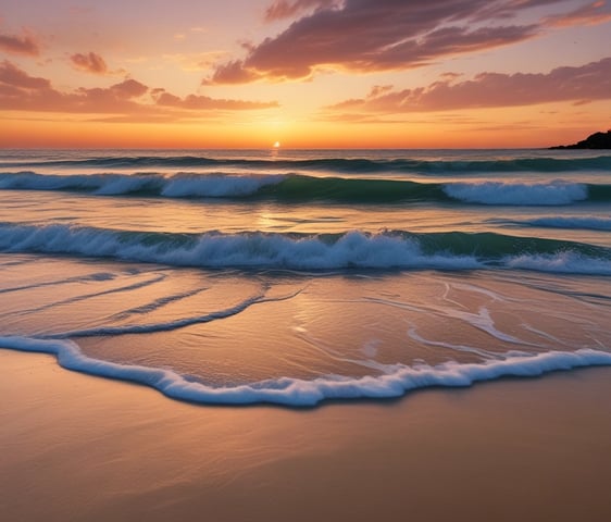 Una fotografía de una playa paradisíaca al atardecer, con el reflejo cálido del sol dorado sobre las