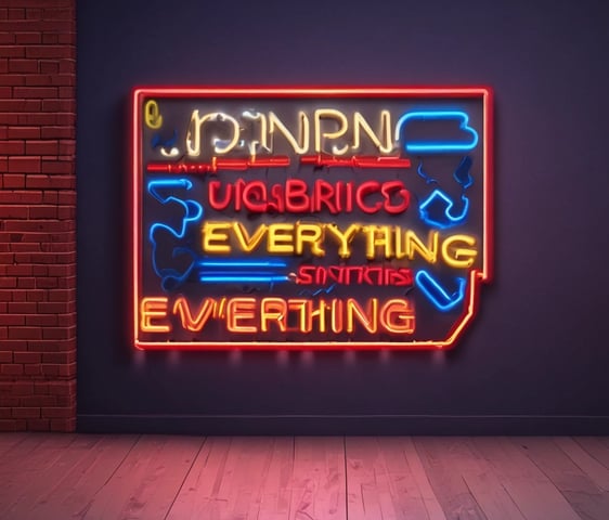 Neon lights display the phrase 'MEDIA IS EVERYTHING' in a sequence of red, yellow, and blue colors against a plain wall. The glow of the neon creates a vibrant and striking visual, infusing the scene with a modern and edgy look.