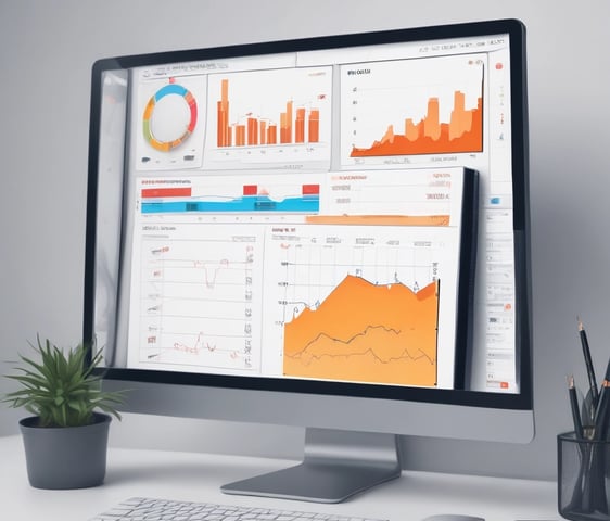 An abstract, pastel-colored, 3D-rendered representation of data analysis and search engine optimization (SEO). The image features a computer interface with various analytics symbols, including a magnifying glass, bar charts, pie charts, and a search bar with the text 'SEO'. Surrounding the interface are different objects such as a potted plant, a cup with a saucer, and a megaphone, all placed on a light green background.