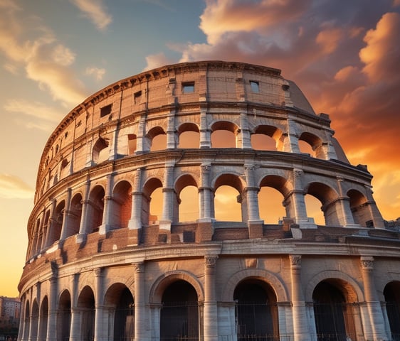 A large, welcoming sign with the phrase 'WELCOME TO ROME, ITALY' in bold letters set against a backdrop of ancient Roman ruins and architecture. The words 'ROME' and 'ITALY' are highlighted with colors of the Italian flag: green, white, and red. The setting is likely an interior space with a tiled floor and overhead lighting.