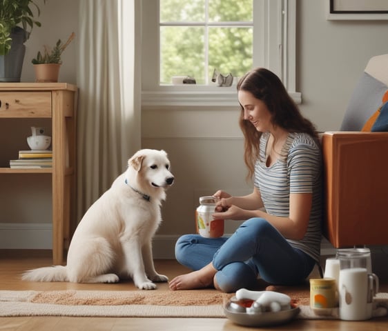 Two German Shepherd dogs sit side by side on a polished concrete floor, each holding a package of dog food in its mouth. In front of them, there are two paper shopping bags labeled Acana and Orijen. To the right, a large potted plant adds greenery to the minimalist decor. Natural light streams in from a window on the left, illuminating the scene.