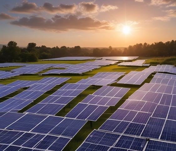 A clear blue sky provides the backdrop for a modern renewable energy setup featuring a wind turbine and solar panels. The sleek, geometric arrangement of solar panels reflects light while the blades of the wind turbine cut through the sky above.