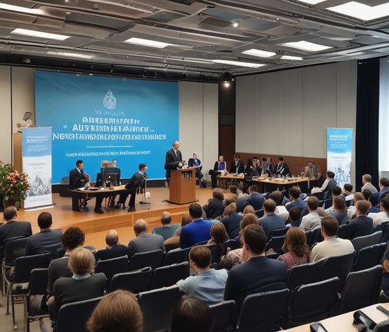 A conference or seminar setting with a speaker at a podium adorned with a blue cloth and floral arrangement. Behind the speaker are several banners and posters featuring organizations such as the Australian National University and themes like development policy. Attendees are seated in the foreground, one taking a photo with a phone.