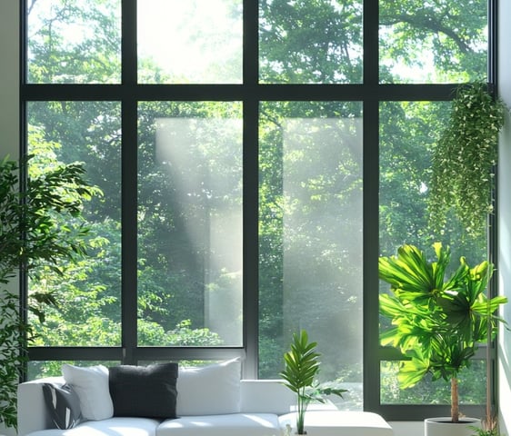 A big window that spans the entire wall displaying lush forest green trees on a sunny day